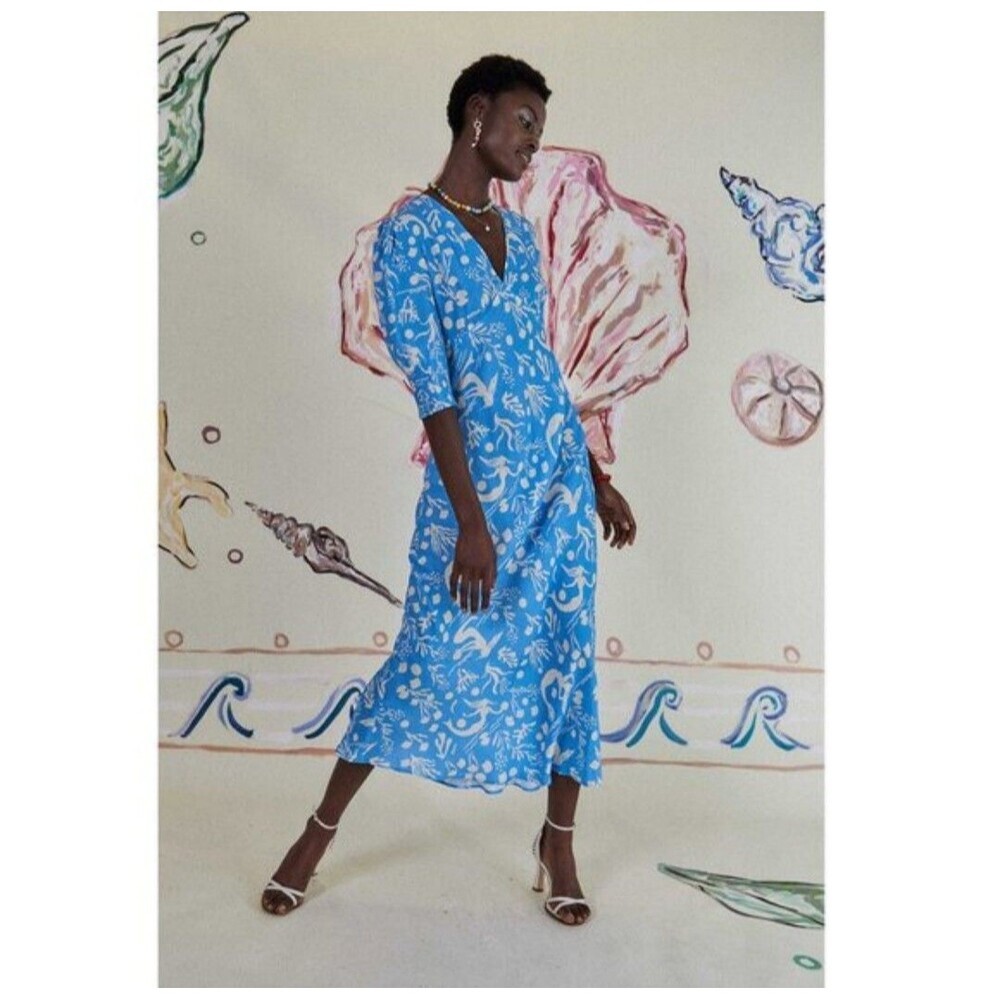 RIXO London Zadie Blue Mermaid Print Midi Dress Size L US 10 Smocked V Neck